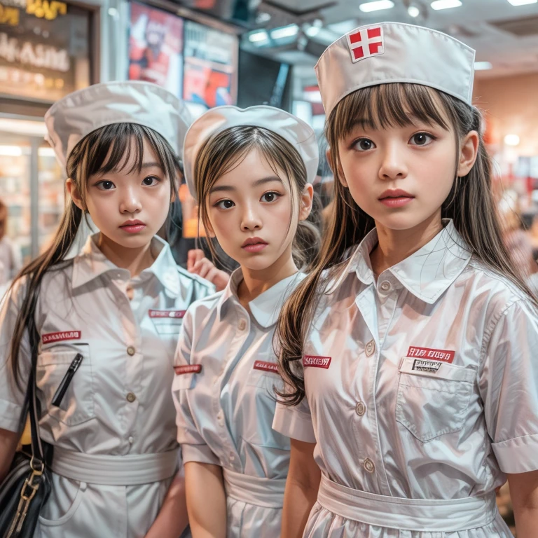 KAWAII girls in Kidzania trying on a Nurse uniform, extremely detailed eyes and face, beautiful detailed lips, longeyelashes, intricate costume details, realistic lighting, (best quality,4k,8k,highres,masterpiece:1.2),ultra-detailed,(realistic,photorealistic,photo-realistic:1.37),professional, bright colors, (Exposeed:0.28)