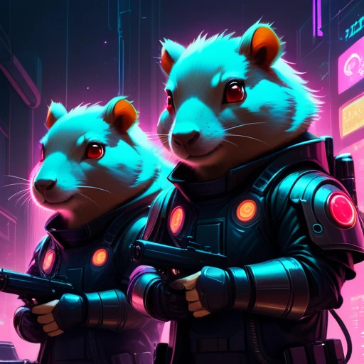 spacestyle  psychedelicstyle  Beam ASCIImasterpiece cartoon of two (((cyberpunk))) cute capybaras  with guns, bionic (prosthetic arm), glowing red eyes, ((futuristic, dystopian, neon colours)), symmetrical, highly detailed, digital painting, artstation, concept art, sharp focus, illustration, volumetric lighting, epic Composition, 8k, oil painting, cgsociety
psychedelic style  psychedelic style