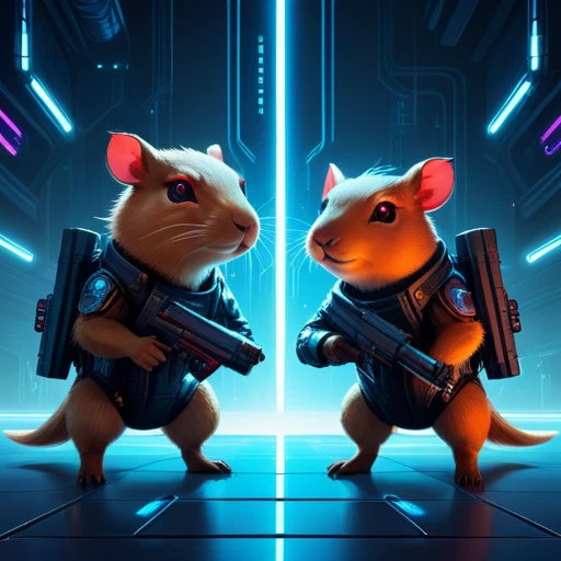 spacestyle  psychedelicstyle  Beam ASCIImasterpiece cartoon of two (((cyberpunk))) cute capybaras  with guns, bionic (prosthetic arm), glowing red eyes, ((futuristic, dystopian, neon colours)), symmetrical, highly detailed, digital painting, artstation, concept art, sharp focus, illustration, volumetric lighting, epic Composition, 8k, oil painting, cgsociety
psychedelic style  psychedelic style