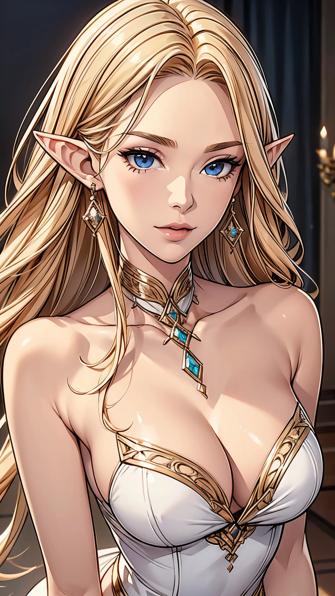 1 girl, Beautiful elf lady, begie blonde Long straight hair, upturn elf pointy ears, sexy figure, perfect breast, charming cleavage, very beautiful face, detailed face, delicate eyes, detailed pupil, beautiful and delicate lips, pale skin, Serious, arrogant, absurd, White gorgeous detailed dress, royalties, celebration, elegant, Noble, Bare shoulders, small crystal earrings, hand drawn animation, high detailed, palace banquet hall, symmetrical clothes, best quality, masterpiece, Fair, Octane Render