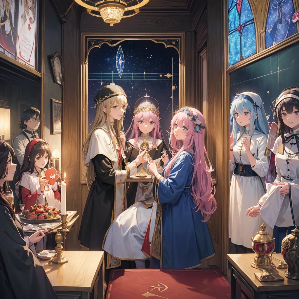 Tarot Cards（Female Pope(Salvator Mundi）のLast Supper（　canteen　Draw on canvas（Stained glass（Valentine　hologram　Blue light swirling）　Last Supper　　holy grail　Christ　smile）Anime Poster、oil）
