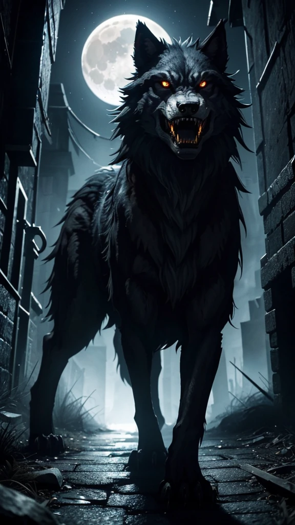 "A fierce and hungry werewolf with sharp teeth and glowing eyes thirsting for blood stands at the end of a dark alley. In the sky, a full, bright moon illuminates the scene with its pale light