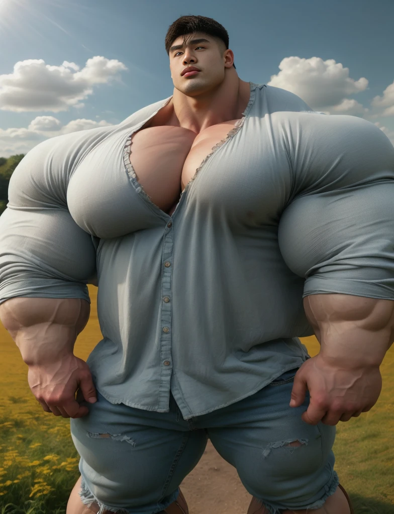 1 asian boy, giant, alone, giant bodybuilder, sunny light, strong body, bulk, large size, staring, standing, at countryside meadows, outdoor, nude, poor tattered shirt & pants, thick bulge, extraordinary big, brutalmass, giant muscular body, bulk, buff, massive body, large meaty body size, extremely wide body