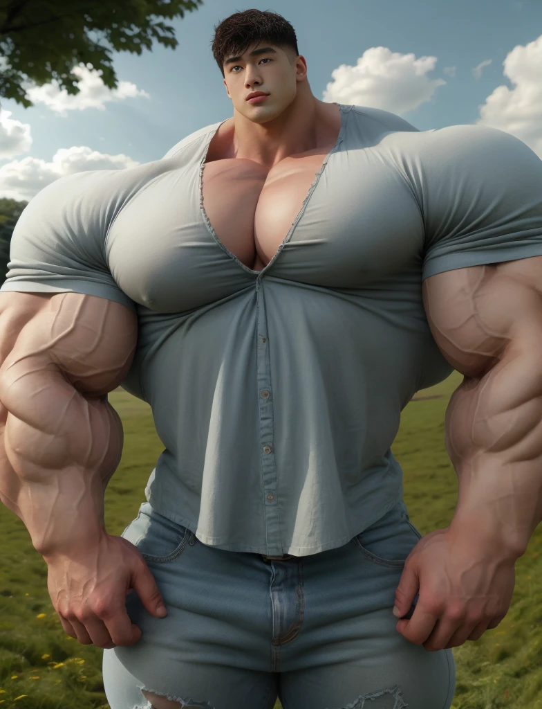 1 asian boy, giant, alone, giant bodybuilder, sunny light, strong body, bulk, large size, staring, standing, at countryside meadows, outdoor, nude, poor tattered shirt & pants, thick bulge, extraordinary big, brutalmass, giant muscular body, bulk, buff, massive body, large meaty body size, extremely wide body