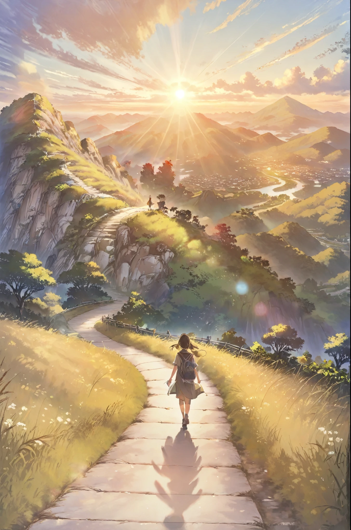 (Highest quality, masterpiece:1.2), Super detailed, Realistic:1.37, High resolution, Detailed Background, Majestic Mountain々Silhouette of a girl walking along a path stretching to the horizon, A person stretching in sunlight from a mountaintop, Beautiful scenery decorated with earth tones, A hopeful and inspiring atmosphere, A gentle and heartwarming portrayal, Delicate depiction of people and emphasis on landscapes.