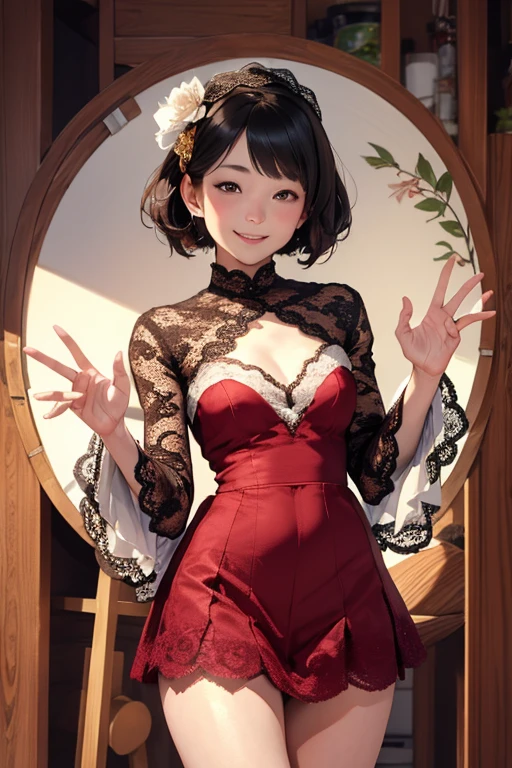 Highest quality、masterpiece、High sensitivity、High resolution、Detailed Description、Slender women、Slim Body、Lace skirt、wave hands、With a smile、