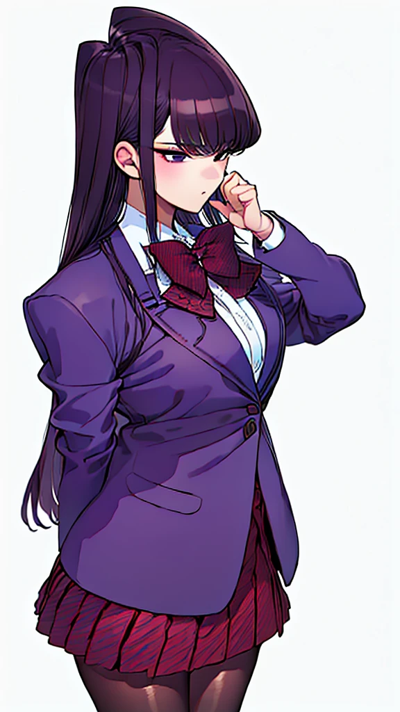 (masterpiece, best quality:1.2),intricate design, (insanely detailed:1.4), (extremely fine details:1.35),masterpiece, best quality, hyper-detailed((masterpiece)), (best quality), (detailed)
ShokoKomidef, purple hair, purple eyes, long hair
, (black pantyhose:1.3),, (school uniform:1.3), red skirt, red bow, (blazer:1.3) (microskirt:1.3)
microskirt