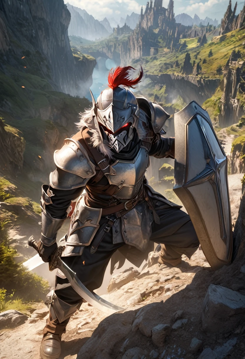 perfect hands, perfect finger,perfect anatomy, masterpiece, best quality,realistic, hyperrealistic, 16k hdr,1 muscular man,,goblin slayer, armor, helmet, glowing eye, plume, fur collar, (great sword,small shield:1.4),fantasy world,outdoor