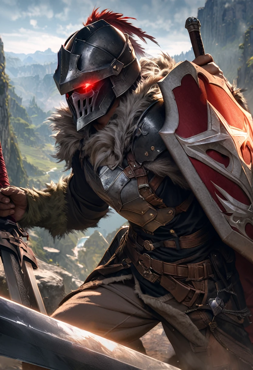 perfect hands, perfect finger,perfect anatomy, masterpiece, best quality,realistic, hyperrealistic, 16k hdr,1 muscular man,,goblin slayer, armor, helmet, glowing eye, plume, fur collar, (great sword,small shield:1.4),fantasy world,outdoor