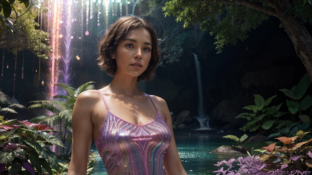 A photorealistic cute, slender aerobics instructor with very short brown hair, very short brown hair, very short brown hair, very short brown hair, brown eyes, and dimples, standing confidently in a fantastical landscape. She's wearing a flowing, elegant gown that complements her figure. The background features floating islands covered in bioluminescent plants, cascading waterfalls of rainbow colors, and giant crystalline structures that refract light. Vibrant colors include deep purples, electric blues, neon pinks, and shimmering golds. The lighting is ethereal, with a soft glow emanating from the plants and crystals. Broad strokes of bright, contrasting colors sweep across the sky, reminiscent of an abstract painting - vibrant oranges, lime greens, and vivid magentas create a striking contrast against the fantastical elements.
