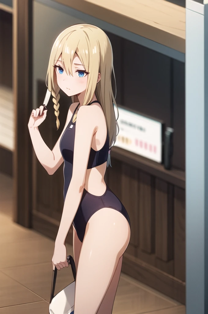 blonde hair, Blue eyes, long hair, single braid, Swimsuit 