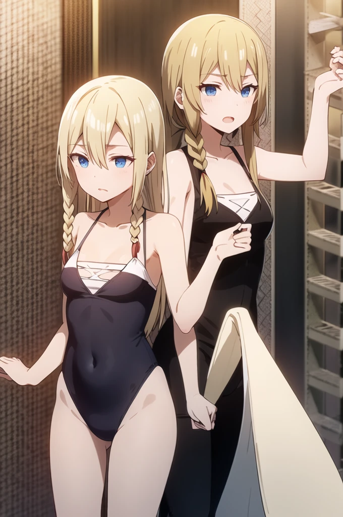 blonde hair, Blue eyes, long hair, single braid, Swimsuit