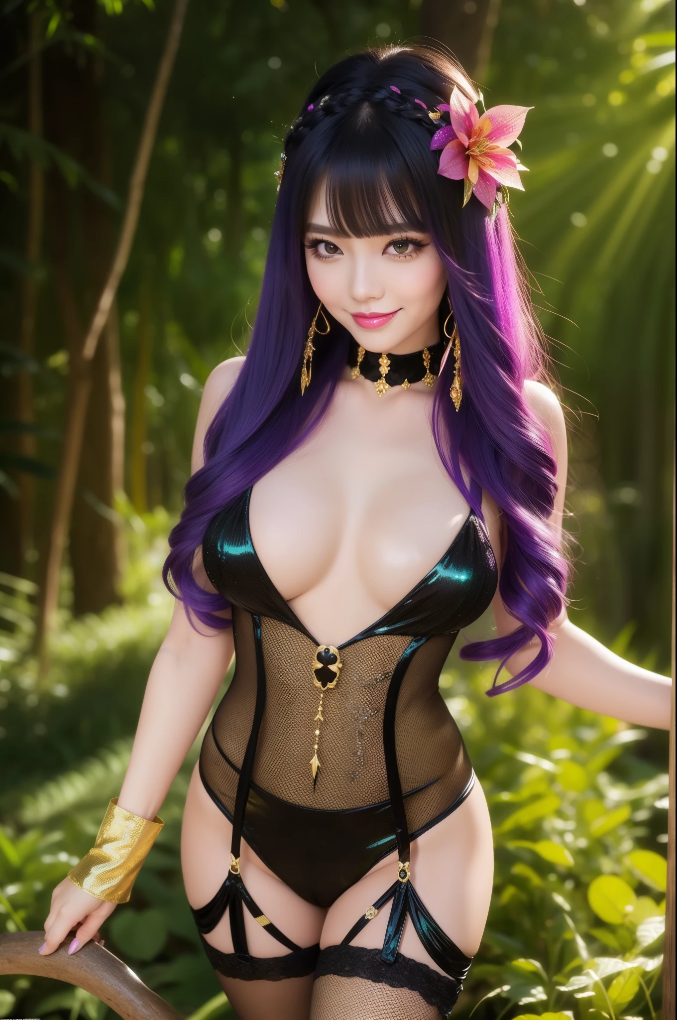 sexy golden princess who controls poison、beautiful smile、lipgloss、long lashes、intense makeup、look at the camera、full body Esbian、、sparkling poisoned flower costume、、、、shiny sparkling multicolor hair、secrete poison、skull hair accessories、fishnet tights、shiny sparkling dark magic forest background