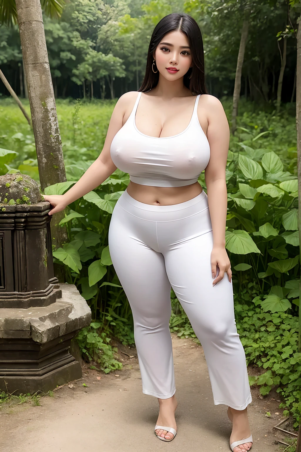 woman thai beautiful actress curvy plus size hour glass bulky huge figure woman, closeup camera view, big huge m-cup , wearing SHEIN Tween Girls' (Large) Letter Print Sleeveless Top With Long Pants Two-Piece Set, covered Bust , elegant standing position, eye contact view, different style hairstyle, bright eyes, thin eyebrows, fair skin, blushing cheeks, prefect head to toe view, full body, and expansive views, ideal for high-fashion or editorial shoots, ultra realistic skin texture, head to toe view, full body shot, full body view, smile face, black hair, Indian face, perfect skin tone light, ultra realistic skin texture, bigger waist, busty,hips, fleshy thighs, thick thighs, busty, full view, Angkor Wat, Cambodia: Ancient temple complex surrounded by lush jungle.