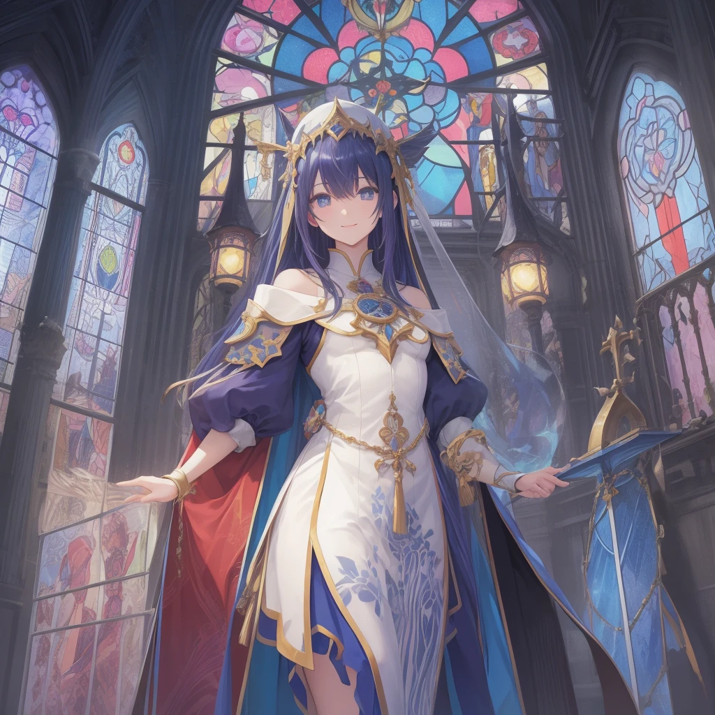 tarot
justice
axis、young woman、smile、Blue Hogow、Cathedral in the background((Stained glass))、Valentine&#39;s Chocolate、Surrounded by believers、Light tones、Gothic style、Decorative edging design。
,Add_Details:1, Add_Details:0, Add_Details:0.5