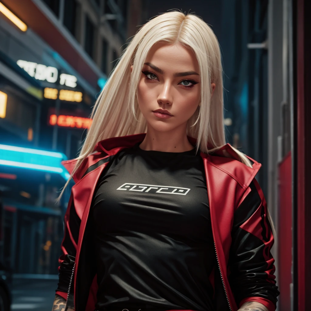 Accamary4, beautiful woman, model, Looking out of the corner of my eye, focus on his face, long platinum blonde hair, Dressed like a gang member, Estilo Grand Theft Auto, Very detailed, 8k, cinematic lighting, dramatic pose, vivid colors, sandy, grunge, dystopian, digital paint, with a pink garment