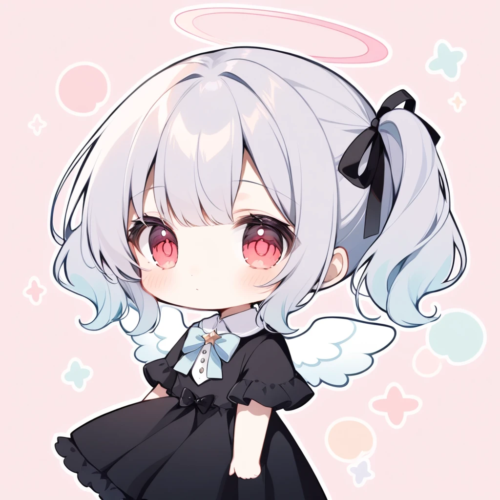pastel colors, chibi, (little angel:1.5), 1girl, red eye, twin tails, silver hair, ahoge, black ribbon, black dress