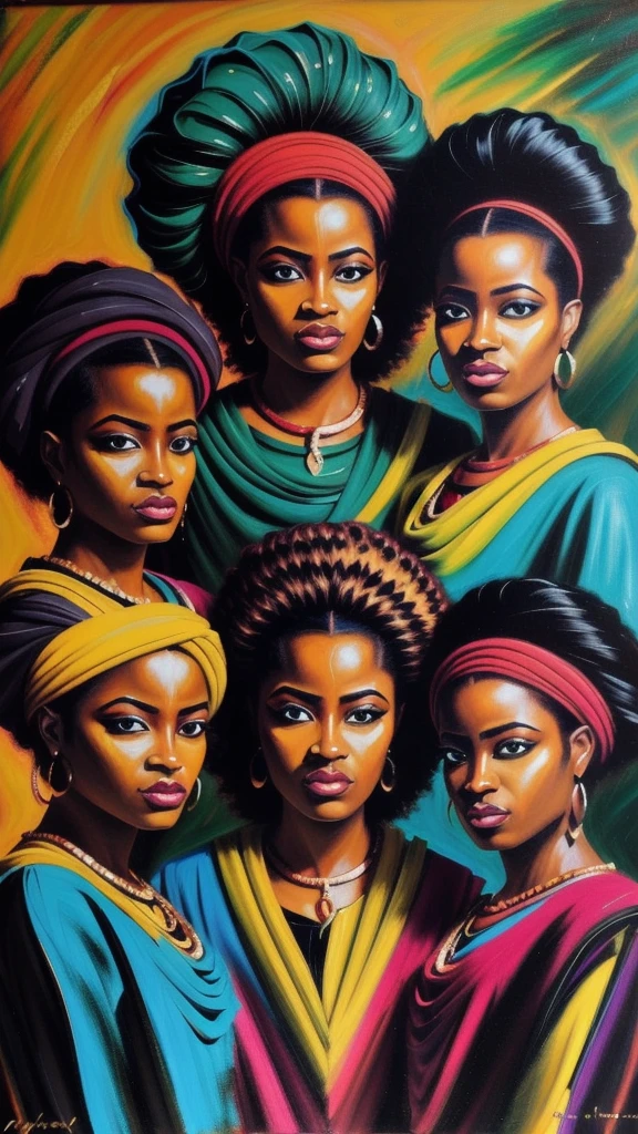 sureal abstract painting of the 3 african muses, oil on canvas 