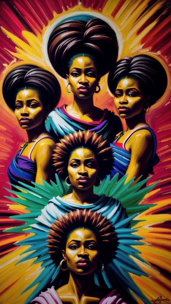 sureal abstract painting of the 3 african muses, oil on canvas 