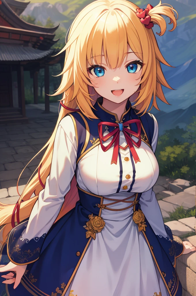 masterpiece、Highest quality、anime、Highly detailed face、Highly detailed eyes、Highly detailed background、Perfect lighting、One girl、solo、Akai Heart、Are standing、Upper Body、smile、Mouth open、Outdoor、Daytime、青null、null、temple、Watching the viewer、stage、Mountain、Facing the viewer、