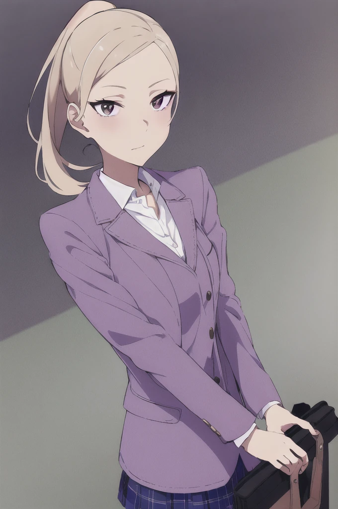 Girl student, ash blonde with high ponytail, Sweet expression, in a purple jacket, Brown eyes 