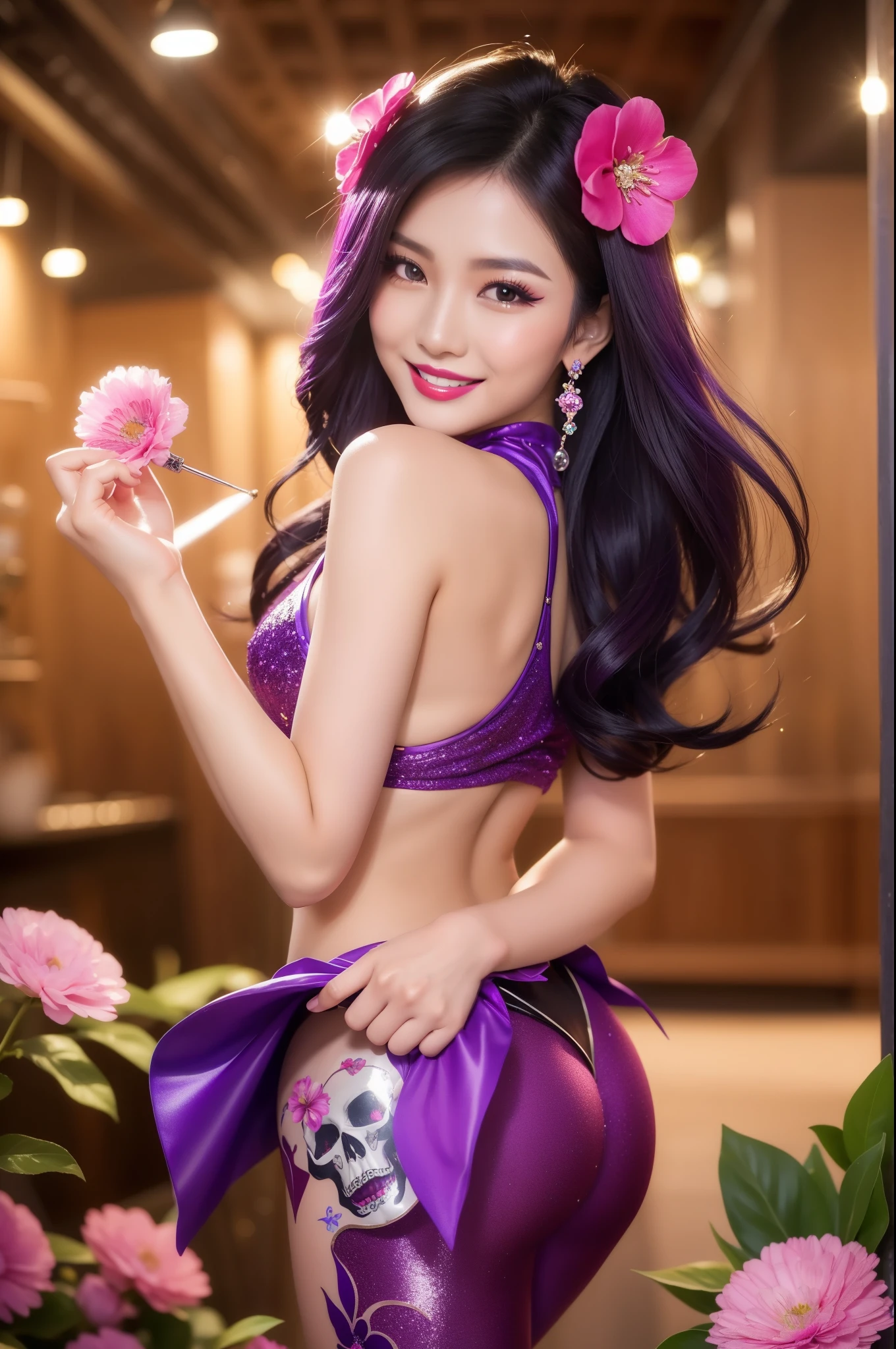 sexy Thai model who controls poison、beautiful smile、lipgloss、bold lipstick、intense makeup、look at the camera、full body Esbian、、sparkling poisoned flower costume、、、、sparkling Colorful hair、secrete poison、skull hair accessories、sexy tights、shiny sparkling flowers background