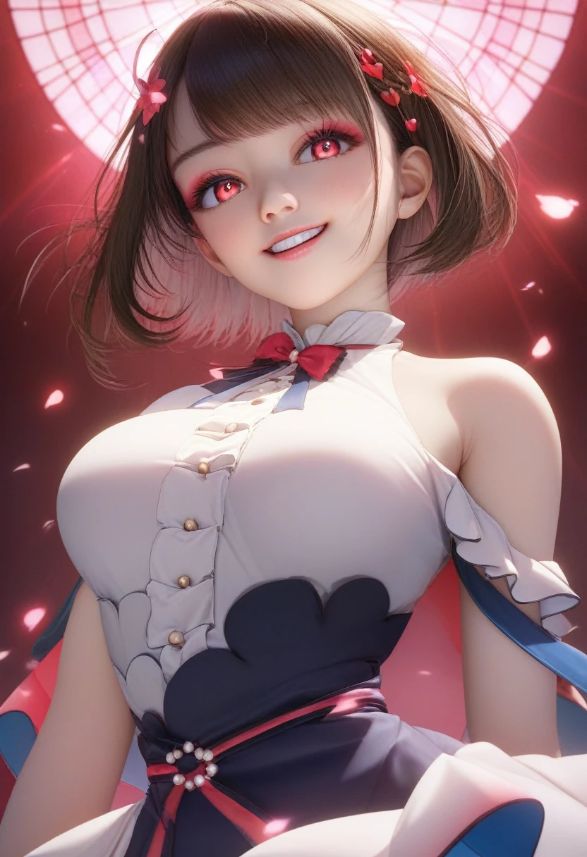 (masterpiece, 2D anime:1.2), (best quality:1.2), (very aesthetic:1.2), (absurdres:1.2), (detailed background),newest, Upper body shot from below, An attractive 10 year old petit little :1.3、independent、look forward to、Light eye makeup、Brown bob-cut Hair、short Hair blowing in the wind、Quality of actress、Shiny, anime style cute face、smile、anime style big eye、look up、Pleasant lighting effects、Very detailed、High resolution 16k human skin closeup, Skin texture must be natural、Must be so detailed that pores are visible、white glowing skin is healthy、It must be in the style of dress 、Use natural light and color、High quality photos taken by modeling agencies, Exclusive photographer、smile, Loose-fitting, lightweight white dress , Shoulder out, Very good, No sleeve, large breasts , high beams, pretty:1.3, cute slender body:1.3