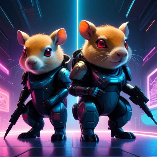 spacestyle  psychedelicstyle  Beam ASCIImasterpiece cartoon of two (((cyberpunk))) cute capybaras  with guns, bionic (prosthetic arm), glowing red eyes, ((futuristic, dystopian, neon colours)), symmetrical, highly detailed, digital painting, artstation, concept art, sharp focus, illustration, volumetric lighting, epic Composition, 8k, oil painting, cgsociety
psychedelic style  psychedelic style