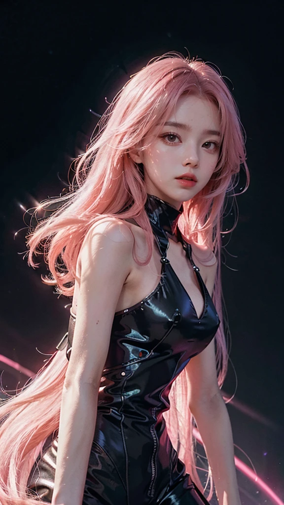 Long pink hair woman, night, neon, flying saucer, abduction, galaxy background, neon lights, black clothes with led, 4k