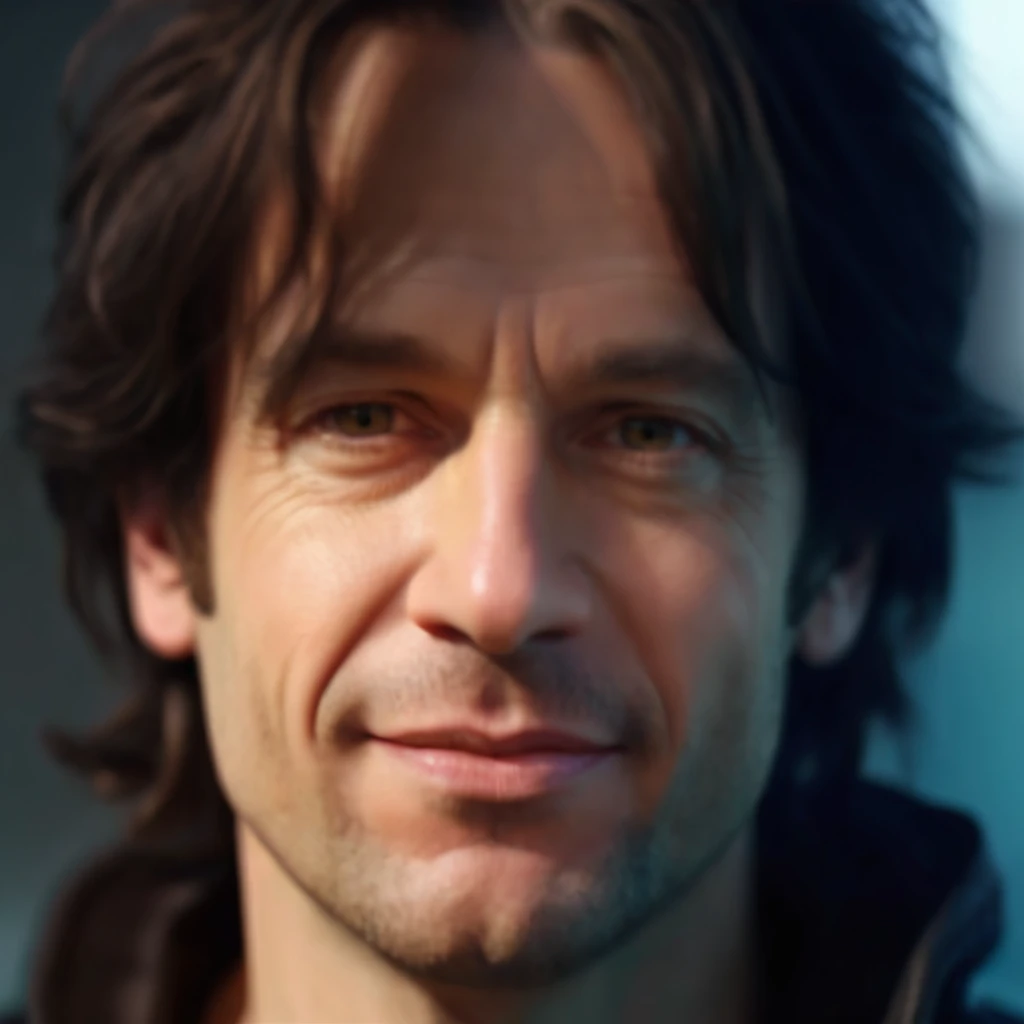 a dynamic photorealistic close-up portrait of a 40 years old LEONARD GIGARD, frontal view, of french-german origin, caucasian male, light skin, dark blonde hairs, perfect anatomies, detailed face, detailed skin, detailed eyes and mouth, well aligned teeth, high quality, 4k resolution, photographic, hyperrealistic, a vibrant colored background, blurry background, color graded background, more detail XL, photorealistic,