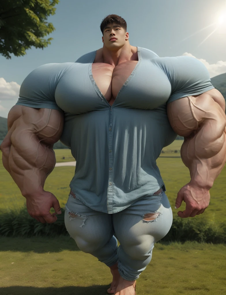 1 asian boy, giant, alone, giant bodybuilder, sunny light, strong body, bulk, large size, staring, standing, at countryside meadows, outdoor, nude, ripped shirt & pants, thick bulge, extraordinary big, brutalmass, giant muscular body, bulk, buff, massive body, large meaty body size, extremely wide body