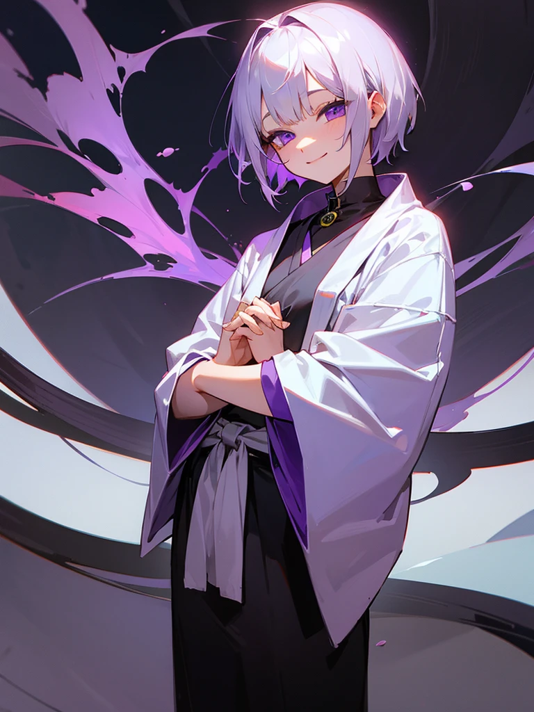 smiling purple eyes zazen silver short hair hands together girl cat