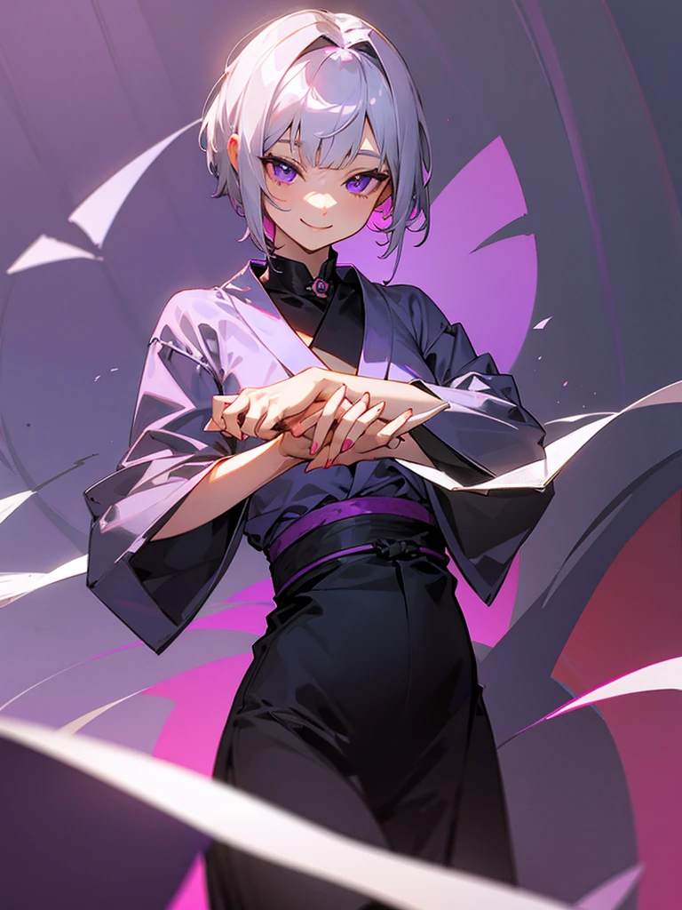 smiling purple eyes zazen silver short hair hands together girl cat