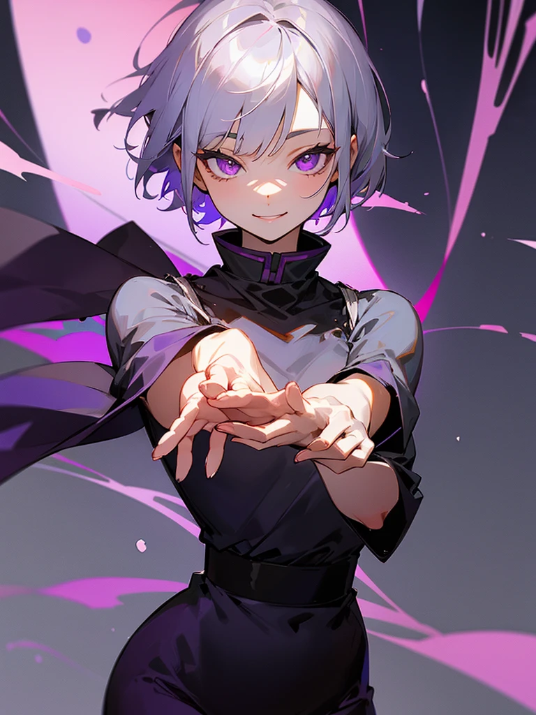 smiling purple eyes zazen silver short hair hands together girl cat