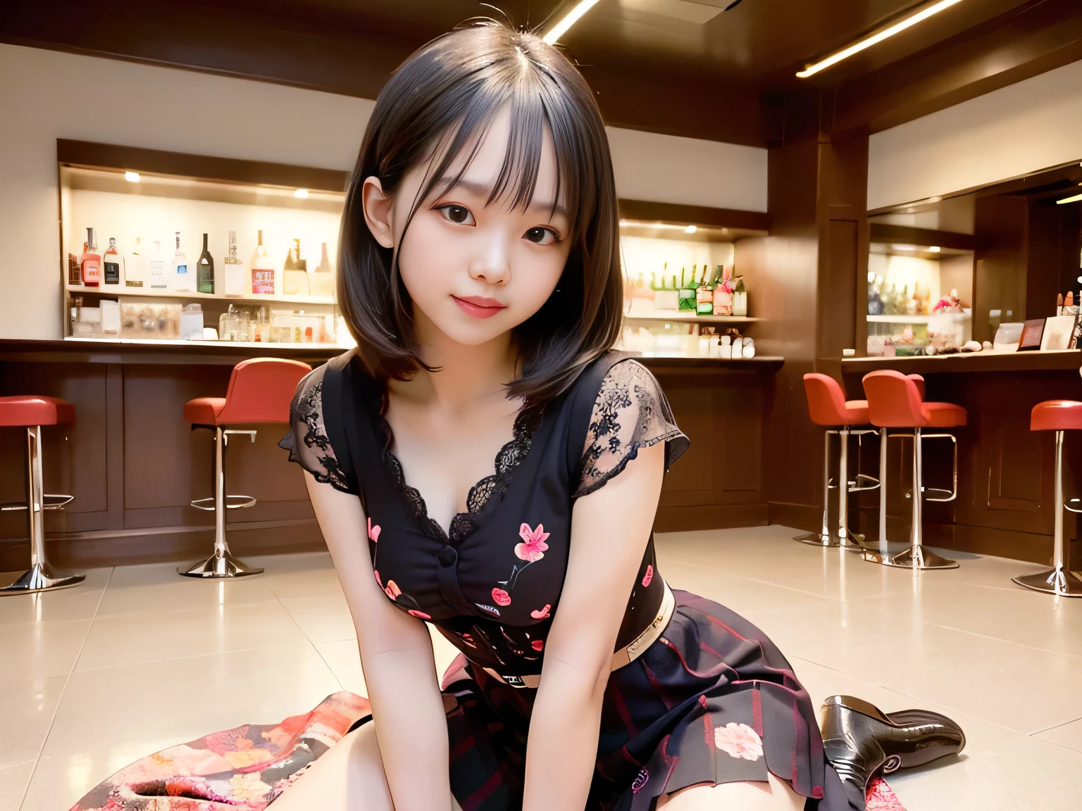 (Highest quality, masterpiece, Ultra-high resolution, 8K, RAW Photos, Realistic, Anatomically correct:1.5), 20-year-old girl:1.2, Embarrassing, avert your eyes, blush:1.0, View Viewer, ((bar)) 、Large windows、Night view、 Light:1.2, Bokeh, Cinema Lighting:1.0, Depth of written boundary, sharp、 Cute face、Idol、Wine colored short sleeve lace top、Black pleated skirt、Shiny wine-colored clothing、”dwarf”、(Floral clothes)、(Full Body Shot)、Side angle、Cowboy Shot、 smile、((Ultra short hair、Berry Short))、(Straight bangs)、((See-through))、(( One Girl))、Waist、I can see your thighs、