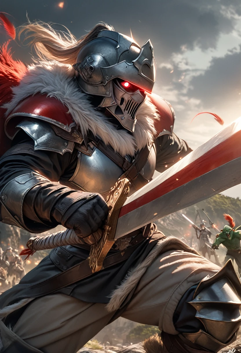 perfect hands, perfect finger,perfect anatomy, masterpiece, best quality,realistic, hyperrealistic, 16k hdr,1 muscular man,,goblin slayer, armor, helmet, glowing eye, plume, fur collar, (great sword,small shield:1.4),fantasy world,outdoor,fighting pose,dynamic pose