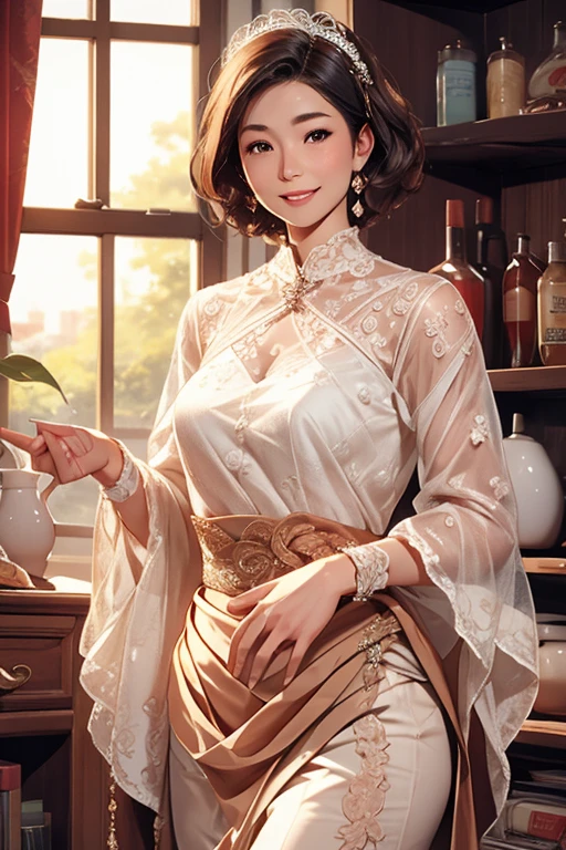 Highest quality、masterpiece、High sensitivity、High resolution、Detailed Description、Slender women、Slim Body、Lace skirt、wave hands、With a smile、
