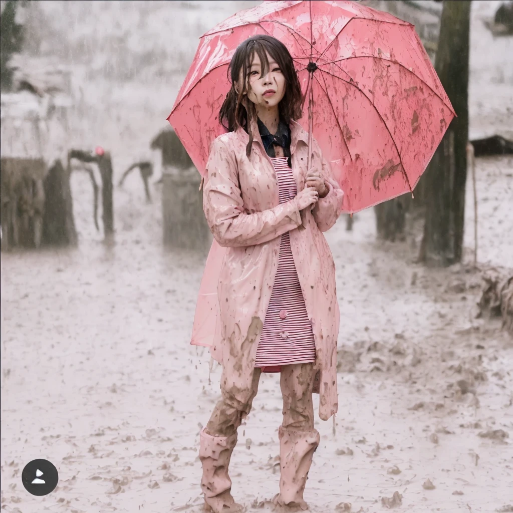 asian lady holding umbrella, cute pose, pink buttoned raincoat, tall pink rain boots, ((((muddy clothes)))), intricate details, highly detailed, masterpiece, 8k, photorealistic, cinematic lighting, vibrant colors, soft focus, elegant, feminine, beautiful, serene, graceful