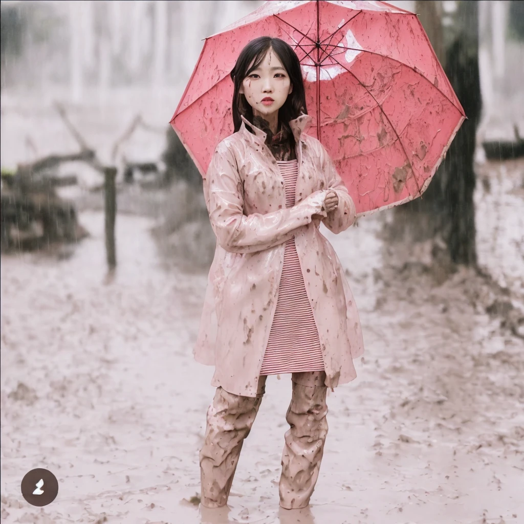 asian lady holding umbrella, cute pose, pink buttoned raincoat, tall pink rain boots, ((((muddy clothes)))), intricate details, highly detailed, masterpiece, 8k, photorealistic, cinematic lighting, vibrant colors, soft focus, elegant, feminine, beautiful, serene, graceful