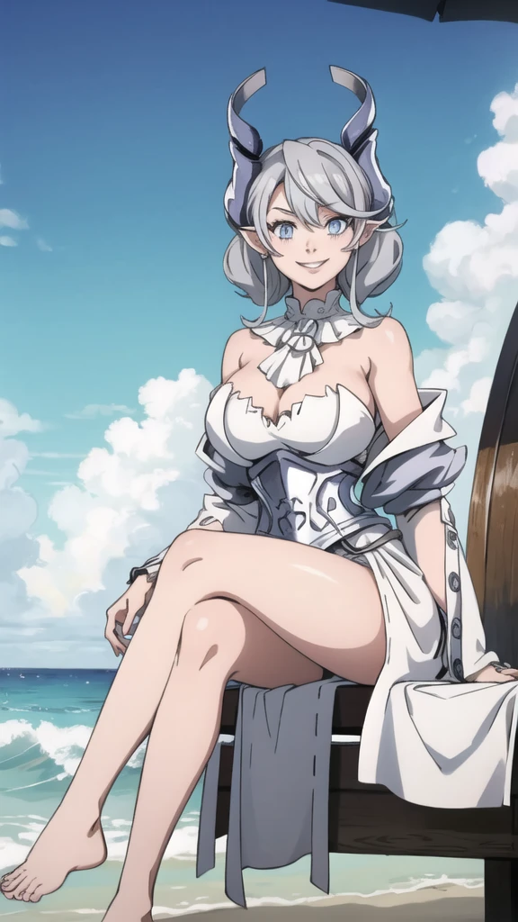 Beautiful arts wallpaper Sunset Outside castle top High level image quality best image quality 8K adult woman silver castle outside more colors whole body view portrait wearing pure white pirate dress horn ears short hair((shortcut)(gray hair)(perm)(fluffy)) eye color is blue , , attractive evil face , smile , beach , labrynth , barefoot , teasing with her breast, , sitting with crossed legs , waves