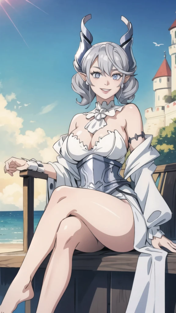 Beautiful arts wallpaper Sunset Outside castle top High level image quality best image quality 8K adult woman silver castle outside more colors whole body view portrait wearing pure white pirate dress horn ears short hair((shortcut)(gray hair)(perm)(fluffy)) eye color is blue , , attractive evil face , smile , beach , labrynth , barefoot , teasing with her breast, , sitting with crossed legs , waves