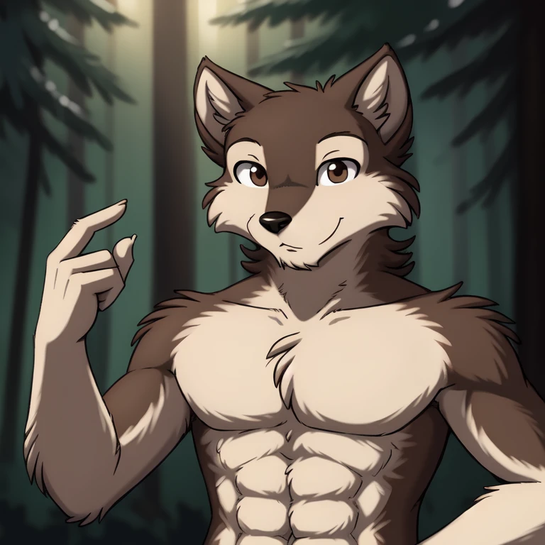 by Jay Naylor, by Jay_Naylor, ,, brutus-twokinds, twokids, (best quality, masterpiece:1), solo, furry male anthro, brown eyes, light brown fur, dark blue fur, two tone brown body ,portrait, fingers, finger claws, looking at viewer, wolf tail, strong, (outdoors dark forest trees blurry blurred background:1.1),