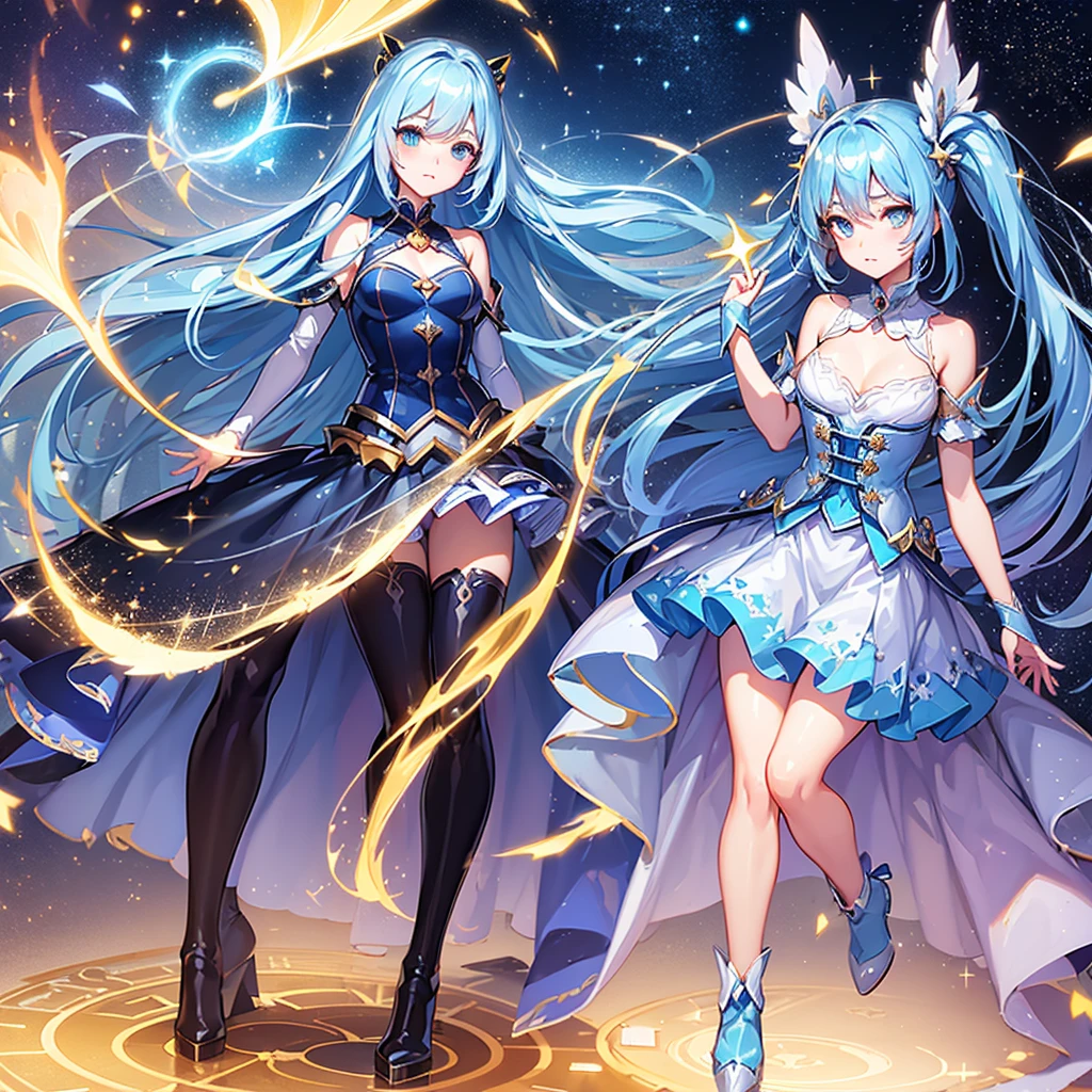 Blue hair in twin tailagical girl)), ((Beautiful starry sky background)), ((Super detailed)), ((Best illustrations)), ((Cinema Lighting)), Dynamic Angle, floating, In detail, (Sparkling:1.2), (Shine:1.2), (Shine:1.2), Classic, (Painting:1.1), (sketch:1.1), (Highest quality), (masterpiece:1.2), (Anime Style), (alone), Beautifully detailed face, (Cute face:1.3), (Big eyes:1.3), (Long Hair:1.2), (floating hair:1.2), (Magical girl outfit), Detailed costume, (Shine杖:1.3), (Magical Effects:1.3), (Flowing skirt:1.2), (Cute Boots:1.1), (Transparent fabric:1.1), (Sparkling:1.2), (shine:1.2), (shine:1.2), (Flicker:1.2), (Dazzling:1.2)