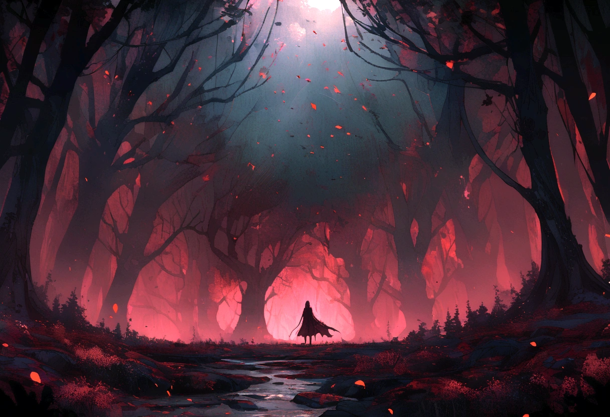 dark forest full of blood falling from the sky