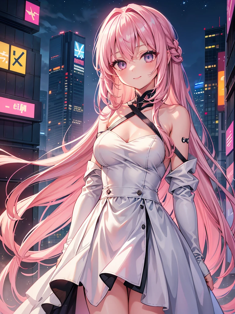 A Girl, Elegance 1, Girl, Light Gray Eyes, Pink Hair, Long Hair, Light Smile, Medium Chest, High, Highlight, Upper Body, Cyberpunk, Night, Night, Night, Cheina Dress, White Dress, Naked shoulder, weave, permanent, cyber urban background, top lens, closed, dirty portrait of anime girl, night castle