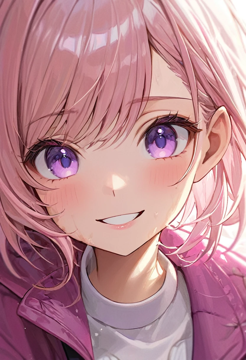 (masterpiece, best quality), intricate details, thin, ((slim)), beautiful girl, Light pink hair, white skin, light purple eyes, sharp jawline, cropped jacket, messy hair, plump lips, upper body, close up, smirk