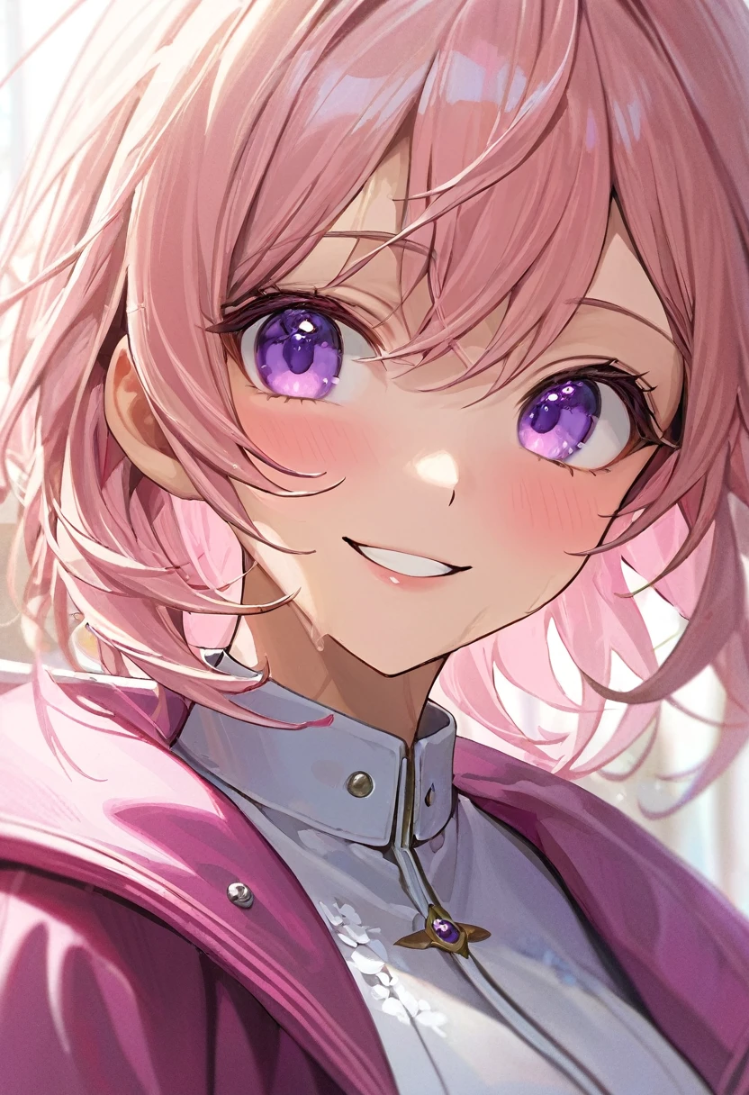 (masterpiece, best quality), intricate details, thin, ((slim)), beautiful girl, Light pink hair, white skin, light purple eyes, sharp jawline, cropped jacket, messy hair, plump lips, upper body, close up, smirk