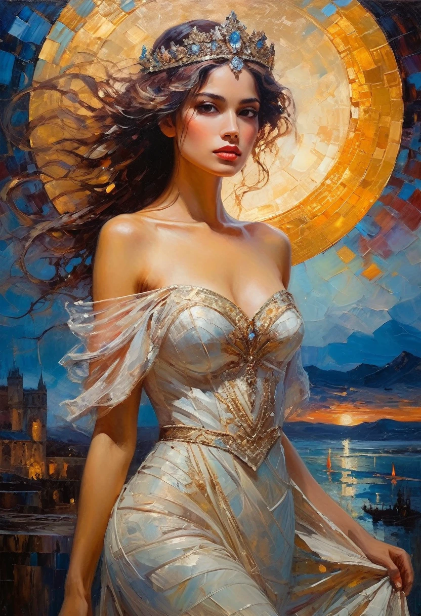 a beautiful princess alone, chic, detailded, bonitas, (rubenesco), (Romanesque background), (night sky), chic detailded dress, (arte de dgtlv2 e Henry Asencio e Zeen Chin e Josephine Wall e Edwin Deakin), (work of art), (good anatomy),