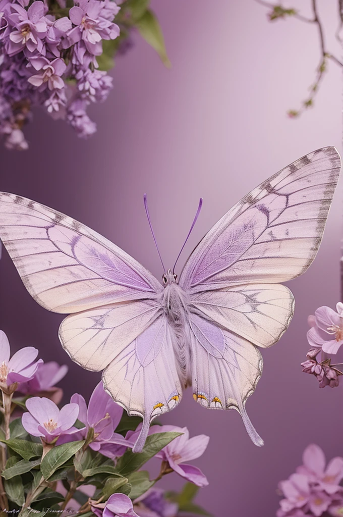 Make a pastel lilac background with a purple butterfly full of realistic and golden details with its wings open