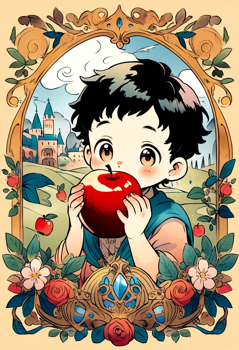 A boy around 4 years old is holding an apple happily.　Fantasy　Picture books　Pastel Style